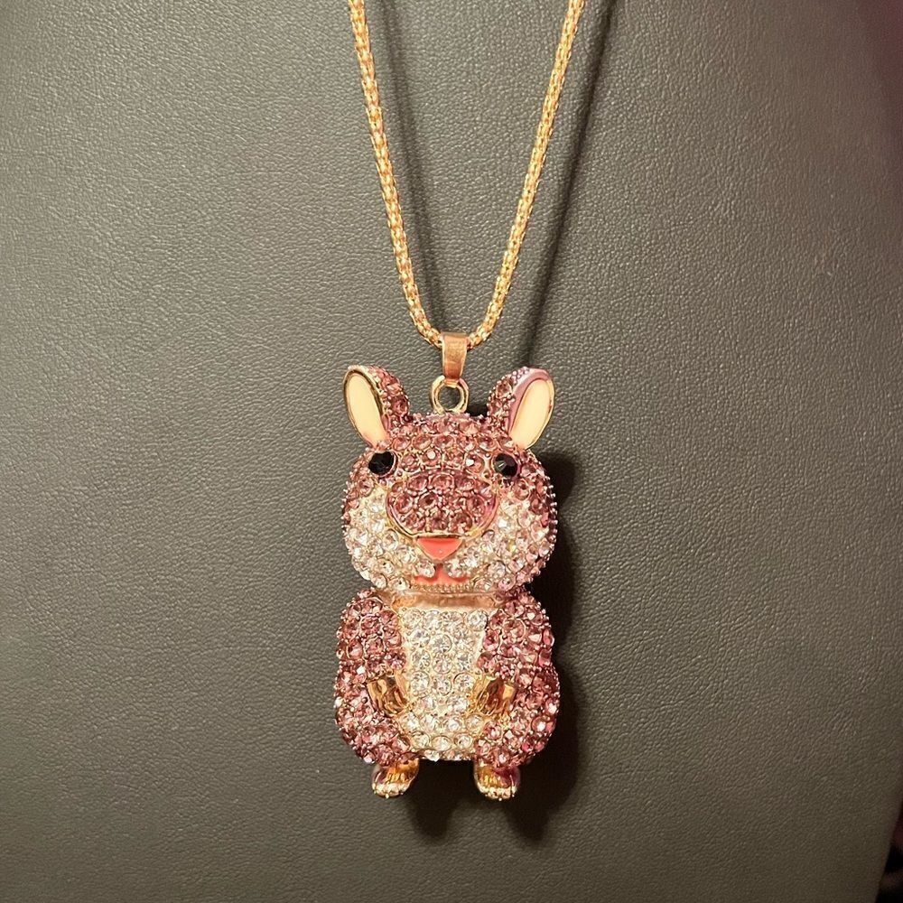 Vintage Betsey Johnson Big Rhinestone Bunny Rose Gold Tone Necklace - Picture 4 of 6
